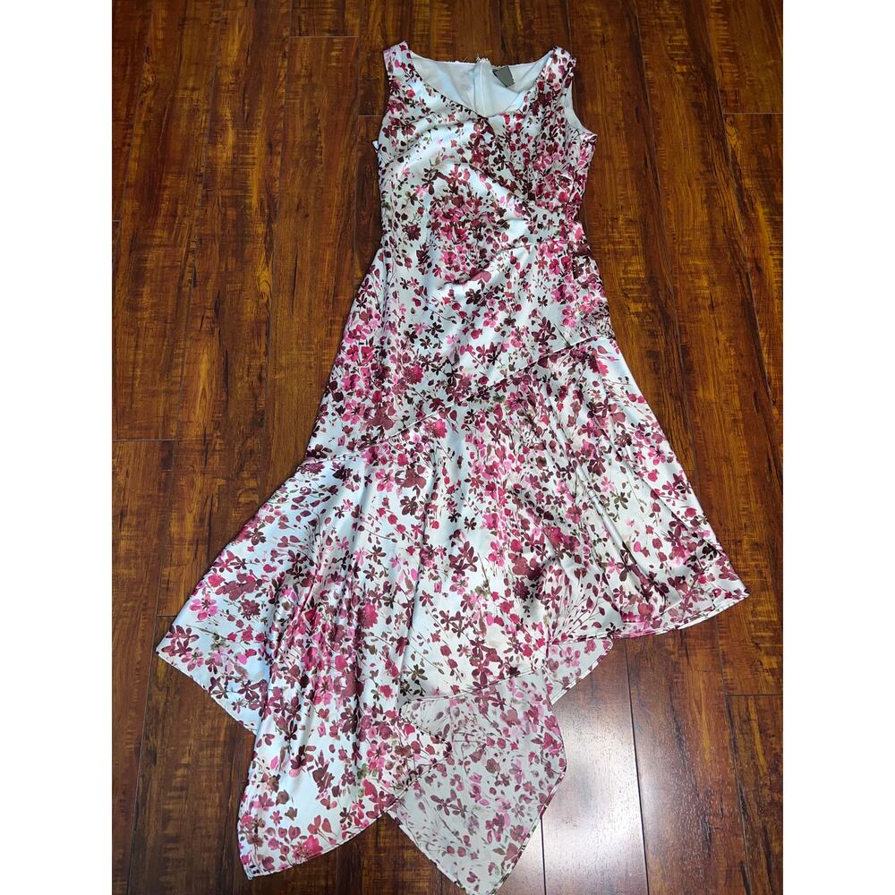 Taylor Floral Satin Midi Dress Women 4 pink Ruched Asymmetrical Handkerchief Hem - Picture 10 of 10